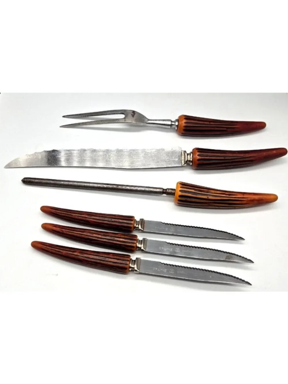Vintage Regent Sheffield Carving Set 6 Pc Faux Stag Horn Handle Steak Knives